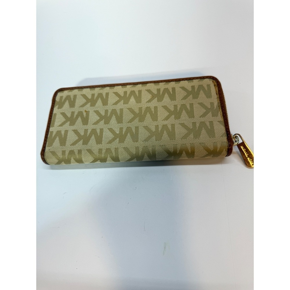 Michael Kors MK Signature Zip Around Continental Wallet Tan Beige Gold Tone Logo - Picture 10 of 11